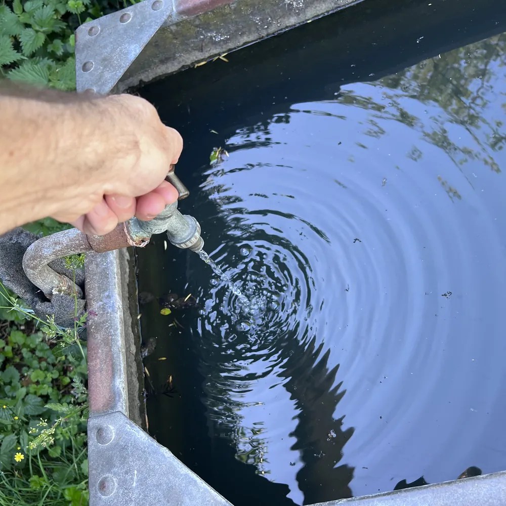 A hand turns an old, weathered tap attached to a stone trough, sending a stream of water into the dark, still surface. Ripples expand outward across the water, reflecting the surrounding trees and a bright sky.