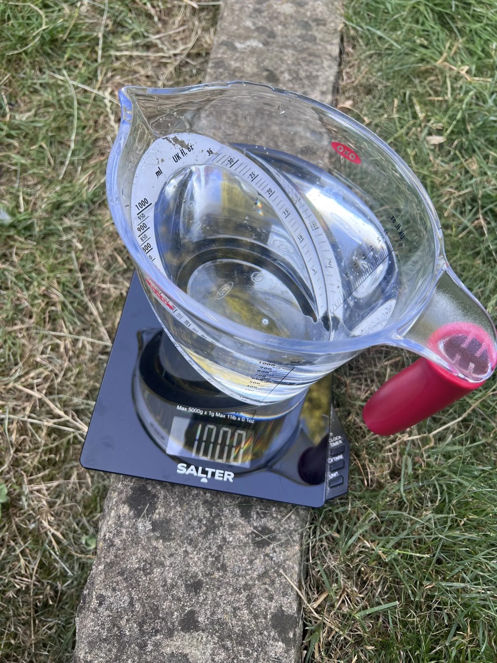 A clear OXO measuring jug filled with water sits on a black Salter digital kitchen scale, which displays a reading of 1000g. The scale rests on a grey stone border surrounded by green grass.